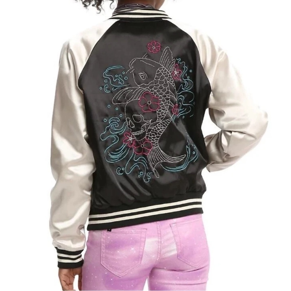Hot Topic Embroidered Skull Satin Bomber Jacket - Black & Ivory - Picture 2 of 15